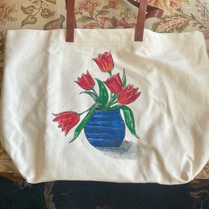 This tote is unique. Hand painted by myself on a natural background
